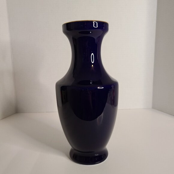 Japanese-Style Vase Cobalt Blue Bird Design Detailed in Gold 10" - Picture 3 of 5